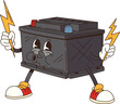 © Vector Tradition - Cartoon retro groovy car battery character with funky face for car spare parts emoji, vector comic art. Groovy retro cartoon car accumulator battery with lightning charge in hands and whistling