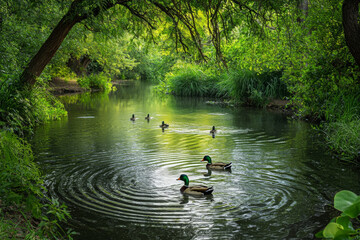 Wall Mural - A serene river scene with ducks swimming amidst lush greenery, creating a peaceful natural environment.