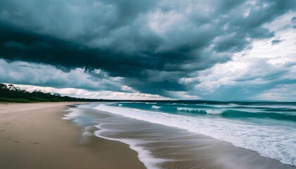 Dramatic stormy seascape with majestic waves crashing against the shoreline beneath a tumultuous cloudy sky