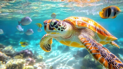 Colorful sea turtle swimming among fish in vibrant ocean waters.