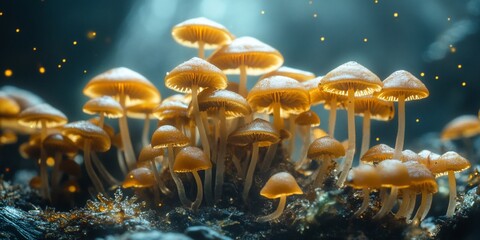 Wall Mural - A group of small mushrooms grow in a forest setting. The mushrooms are illuminated by a beam of light, making them glow.