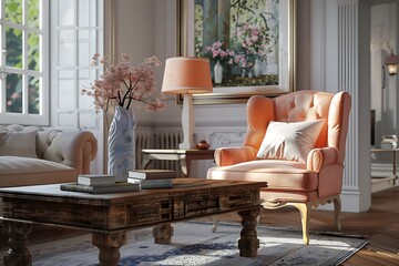 Luxury living room interior with lamps, wooden table and pink armchair