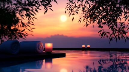 Sticker - A serene scene of a pool with candles and towels on the edge. The candles are lit and the sun is setting, creating a peaceful atmosphere