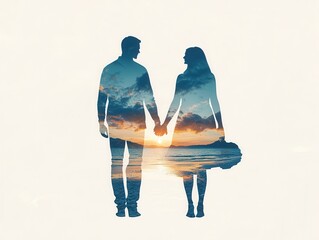 Poster - Couple Silhouette with Ocean Sunset Double Exposure.