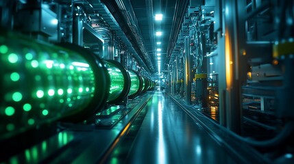 a long, narrow corridor of a factory with rows of glowing green cylinders lit by bright overhead lig