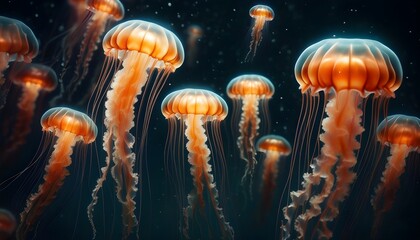 Wall Mural - Bioluminescent Orange Jellyfish Floating Gracefully in the Ocean Depths