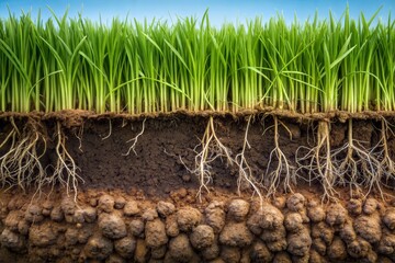 Poster - Close-up of green grass growing from the soil showing roots