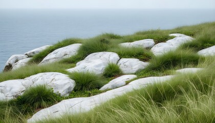 Wall Mural - Vibrant green grass contrasting with white rocks along the serene ocean shore