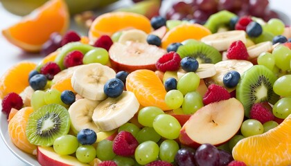 Wall Mural - Diverse Weekly Fruit Basket Display with Vibrant Oranges, Apples, Blueberries, Grapes, Kiwi, and Bananas