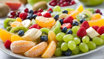 Wall Mural - Diverse Weekly Fruit Basket Display with Vibrant Oranges, Apples, Blueberries, Grapes, Kiwi, and Bananas