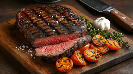 Juicy grilled steak with charred tomatoes and garlic, garnished with thyme