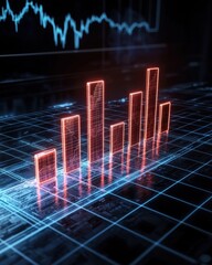 Abstract digital chart with glowing bars representing data growth and trends in a modern financial analysis environment.