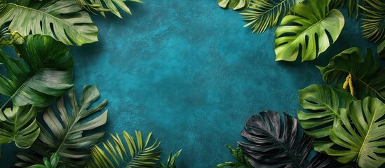 Wall Mural - Lush green tropical leaves frame a turquoise blue background, creating a vibrant and natural backdrop.