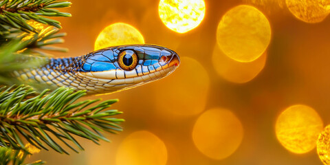 Snake on spruce branch with New Year's bokeh background. AI generative..