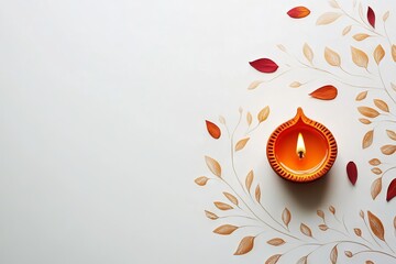 Poster - White background with a single diya and festive motifs for a minimalist Diwali design.