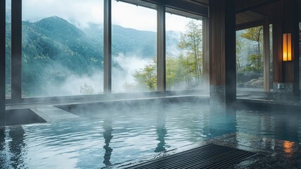 Serene indoor hot spring with mist and mountain view, creating a peaceful and relaxing atmosphere for wellness and rejuvenation.