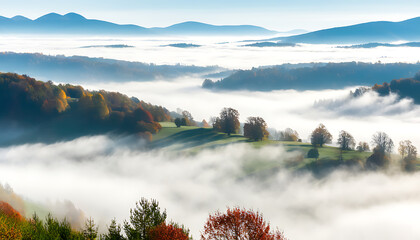 Wall Mural - Slovakia's misty autumn beauty, tree shadows reflected in the valley.