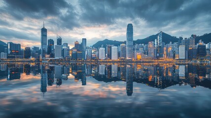 Wall Mural - Stunning city skyline reflecting in the water under a dramatic sky, showcasing modern architecture and vibrant urban beauty.