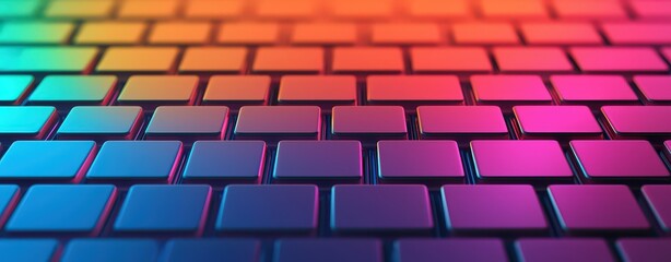 Abstract close-up of a colorful, illuminated keyboard with vibrant rainbow lighting, creating a futuristic technology and digital art concept.