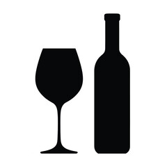glass and bottle of wine, black on white background