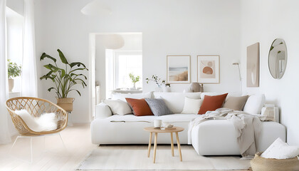 Comfortable modern home, white Scandianavian style living room, decor details showcase the quality of life.