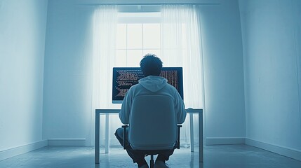 Hacker in a minimalist, white room with only a single computer, contrasting with the dark code on the screen