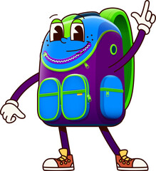 Poster - Groovy school backpack character. Isolated cartoon vector retro rucksack or bag personage with a friendly face, and pointing up gesture, ready for back-to-school adventures and children education