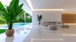 © niramol - A modern living space with neutral tones, simple decor, and natural wood furniture, featuring potted greenery for a refreshing touch