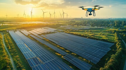 A drone captures an aerial view of a solar panel array at sunset, showcasing renewable energy technology alongside wind turbines, highlighting environmental innovation.