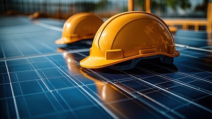 Close-up of safety helmets on solar panels at an installation site, highlighting the importance of protection and modern energy solutions in construction.