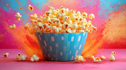 Wall Mural - Popcorn in a blue container, with a colorful explosion effect on a vibrant pink background