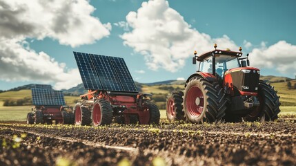 solar powered farming: two modern tractors with solar panels on the back, driving across a field, po