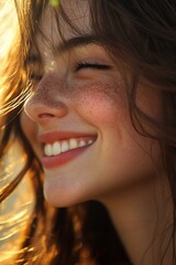 Wall Mural - Close-up portrait of a young woman with freckles smiling at the sunset.