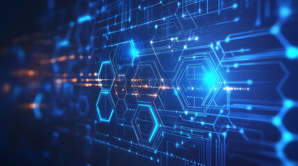 Abstract digital background with glowing blue and orange lines and hexagons.