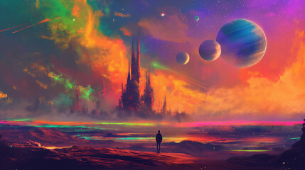 A digital painting of an alien planet. Alone man going to far way