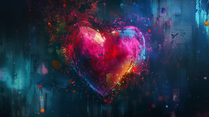 Wall Mural - A heart made of digital glitch art, surrounded by vibrant colors and pixelated textures