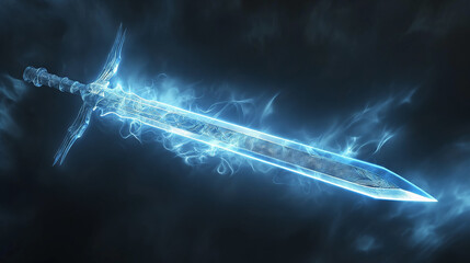 Wall Mural - a long blue sword with white light waves coming out of it against a dark background