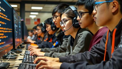 Fototapete - A group of students intensely participates in a gaming competition, showcasing their skills and strategies at a tech event with multiple computer stations.