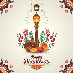 A poster with text happy dhanteras in a white background, indian festival