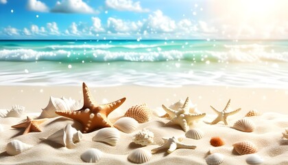 Wall Mural - Serene beach scene featuring shells and starfish amidst soft sand, with gentle ocean waves and a clear blue sky above