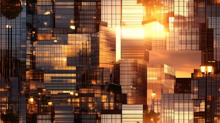 Sunset reflection on modern glass facade buildings: urban architecture and cityscape design