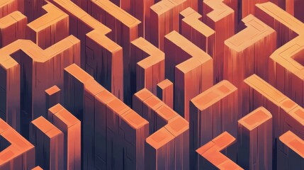 Abstract orange and purple geometric pattern with a maze-like structure