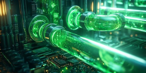 Green liquid flowing through transparent pipes on a circuit board.