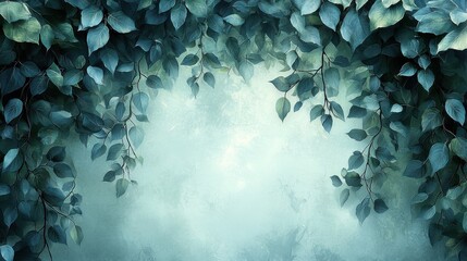 Wall Mural - lush green leaves cascading down against a misty backdrop in a serene forest during early morning li