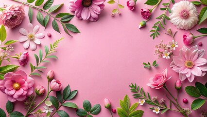 Pink background with flowers and leaves