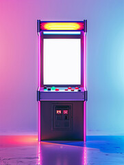 Glowing retro arcade gaming machine neon cyberpunk blank white empty screen mockup template 80s 90s vintage video game futuristic glow isolated ombre background