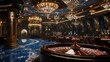 © Oulaphone - A lavish casino interior featuring ornate chandeliers, elegant furnishings, and a luxurious atmosphere centered around a roulette table.