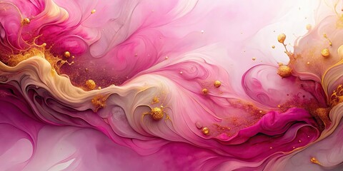 Wall Mural - Pink liquid ink painting background with golden splashes