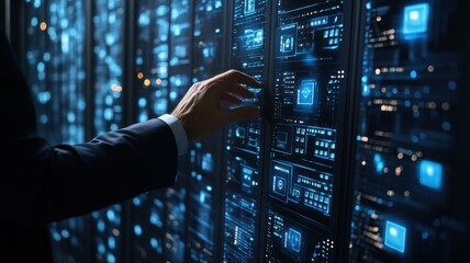 Person operating data servers in a modern digital environment.