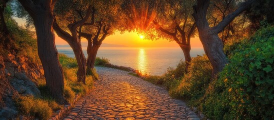 Wall Mural - A stone pathway through a forest leads to a stunning sunset over the ocean.